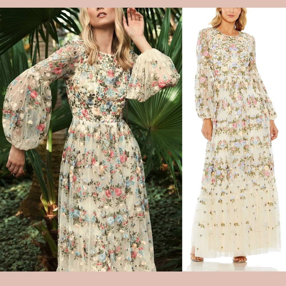NWT Mac Duggal [ 24 ] 35161 Floral Embroidered Blouson Sleeve Gown‎ Ivory #S1967